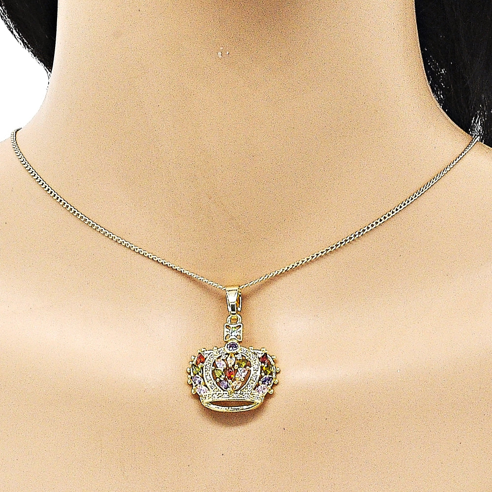 Oro Laminado Earring and Pendant Adult Set, Gold Filled Style Crown Design, with Multicolor Cubic Zirconia and White Micro Pave, Polished, Golden Finish