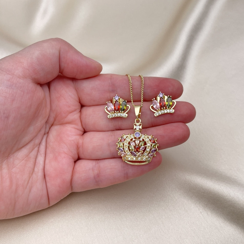 Oro Laminado Earring and Pendant Adult Set, Gold Filled Style Crown Design, with Multicolor Cubic Zirconia and White Micro Pave, Polished, Golden Finish