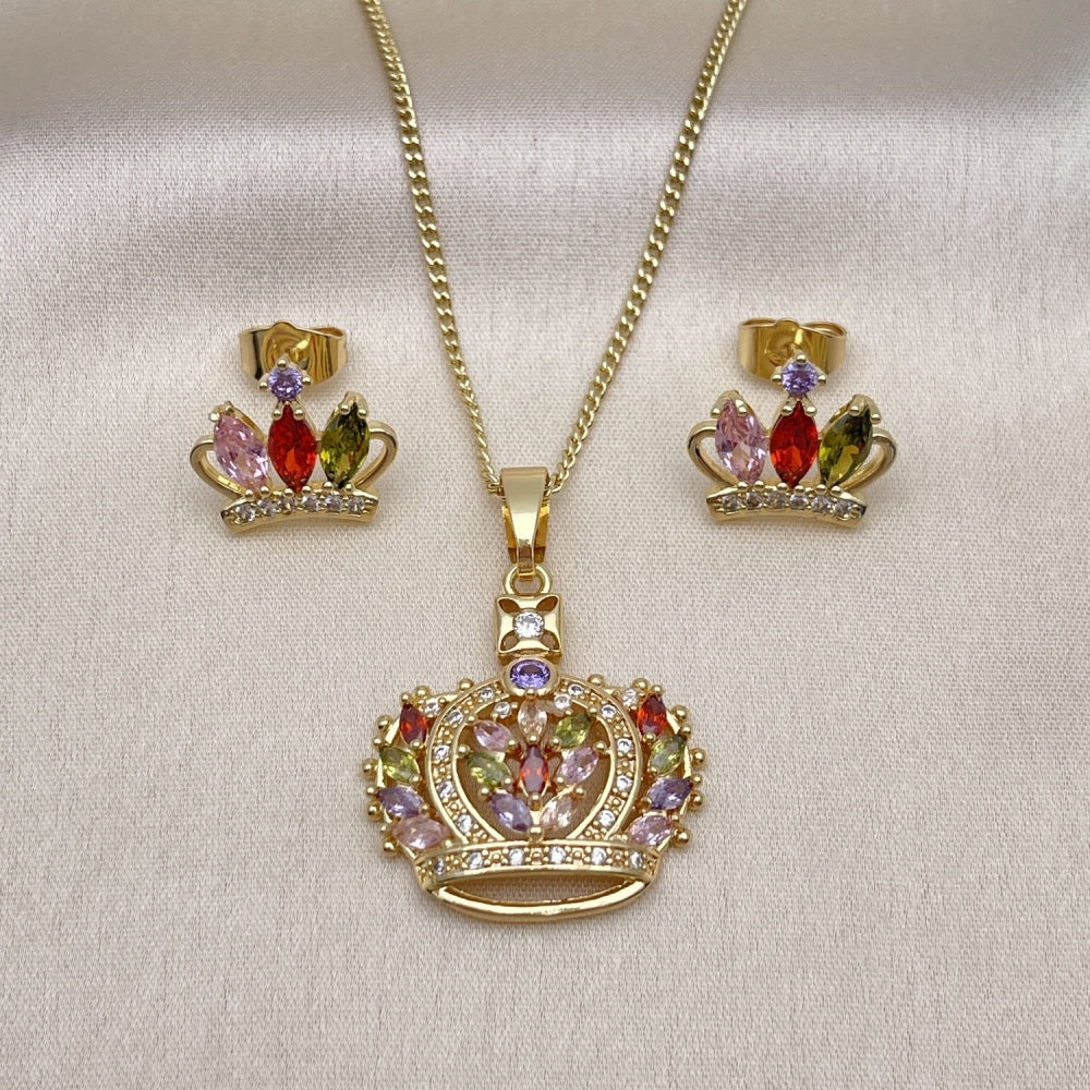 Oro Laminado Earring and Pendant Adult Set, Gold Filled Style Crown Design, with Multicolor Cubic Zirconia and White Micro Pave, Polished, Golden Finish