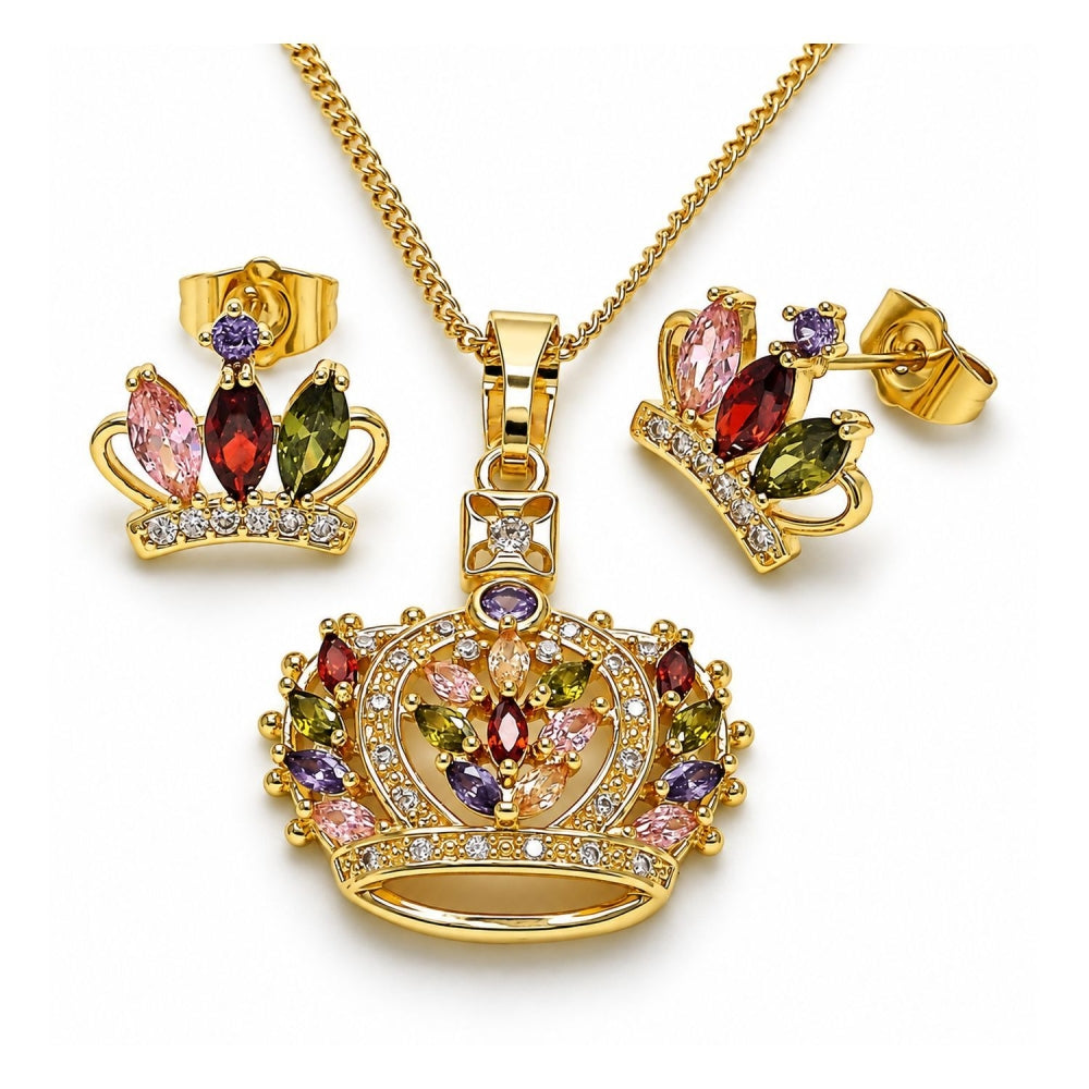 Oro Laminado Earring and Pendant Adult Set, Gold Filled Style Crown Design, with Multicolor Cubic Zirconia and White Micro Pave, Polished, Golden Finish