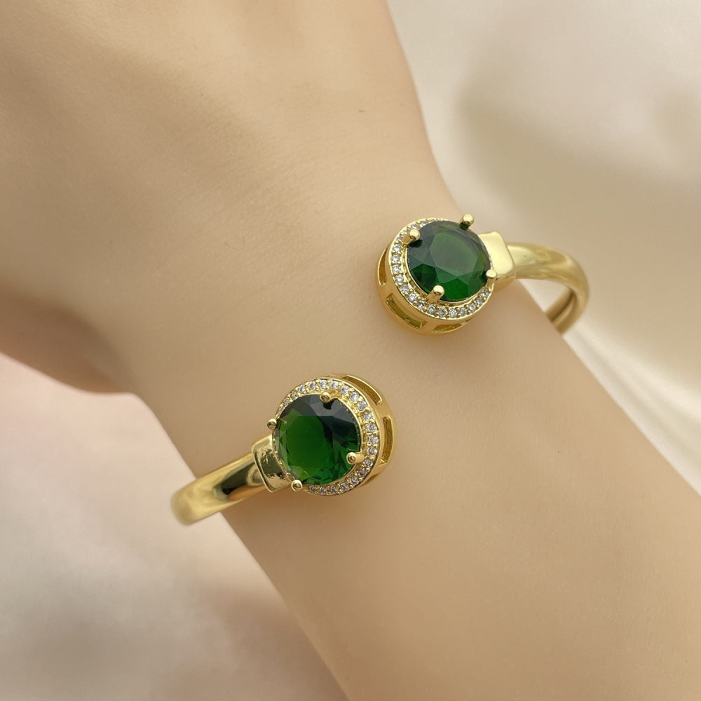 Oro Laminado Individual Bangle, Gold Filled Style with Green Cubic Zirconia and White Micro Pave, Polished, Golden Finish