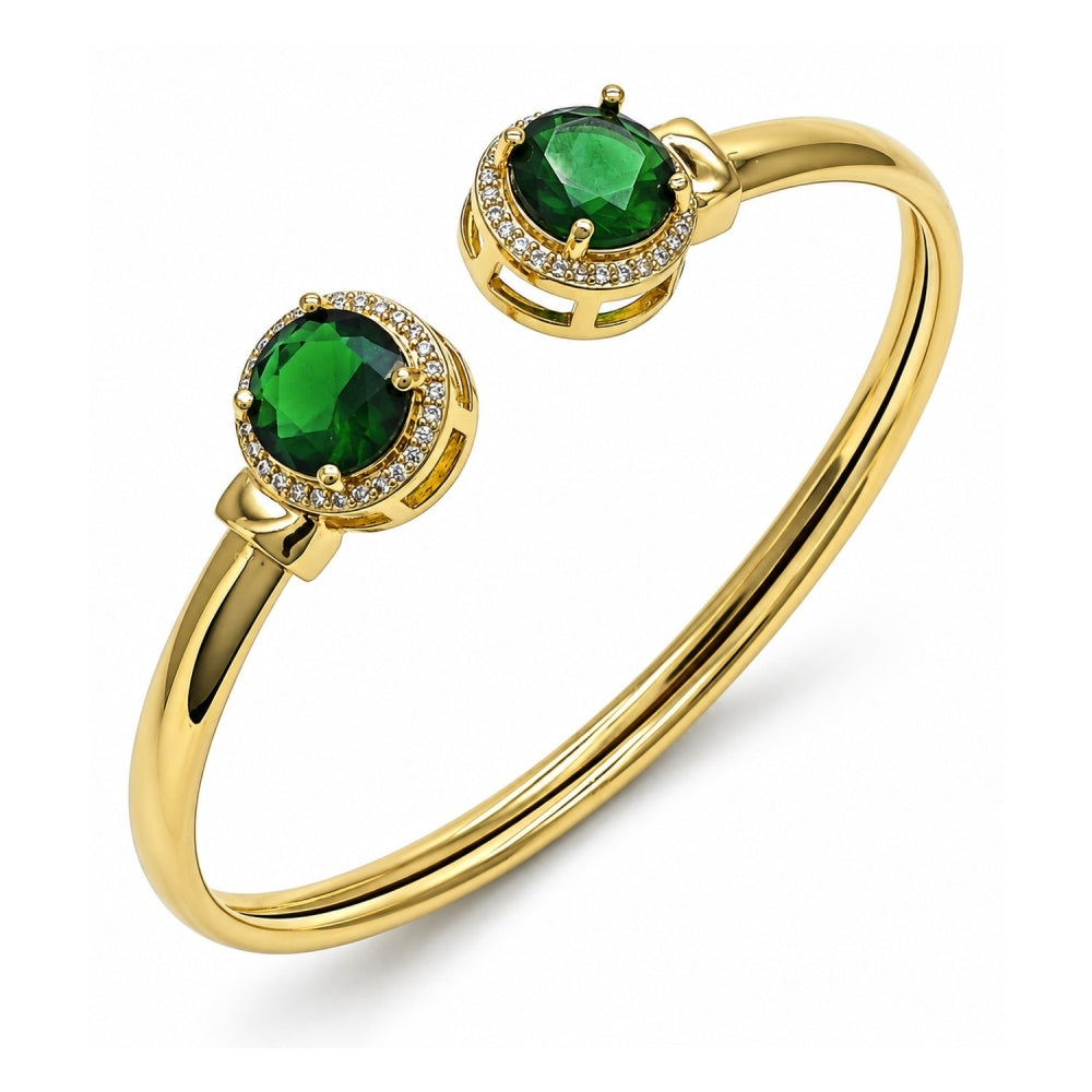 Oro Laminado Individual Bangle, Gold Filled Style with Green Cubic Zirconia and White Micro Pave, Polished, Golden Finish