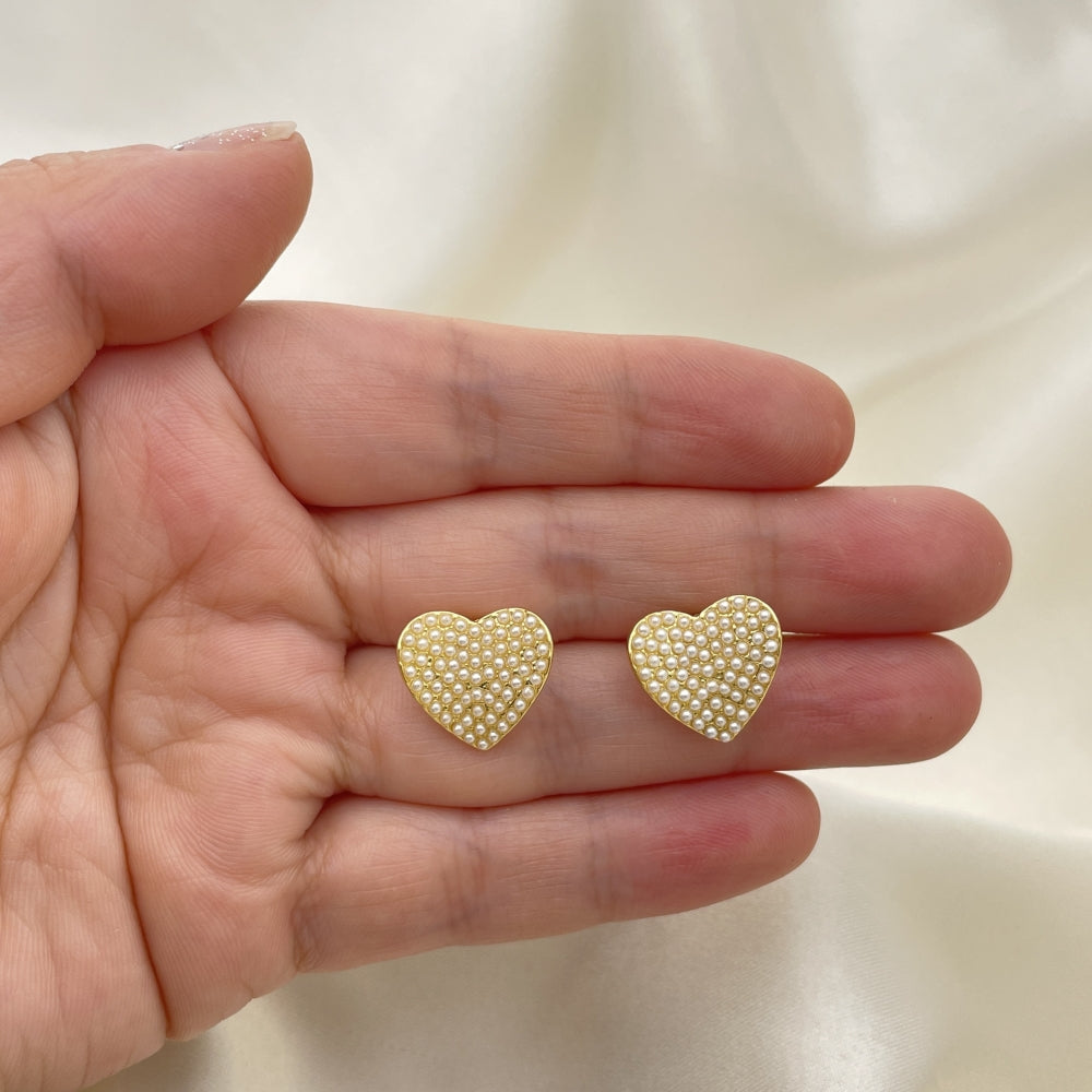 Oro Laminado Stud Earring, Gold Filled Style Heart Design, with Ivory Pearl, Polished, Golden Finish
