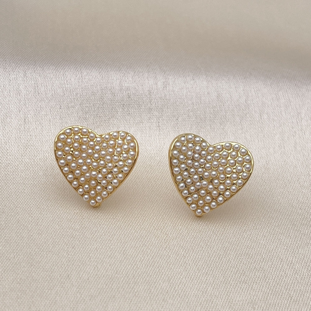 Oro Laminado Stud Earring, Gold Filled Style Heart Design, with Ivory Pearl, Polished, Golden Finish