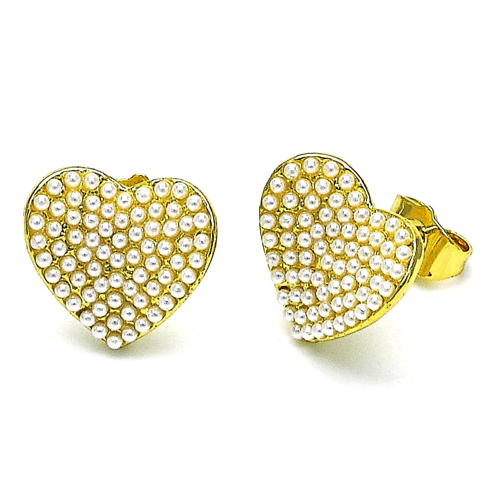 Oro Laminado Stud Earring, Gold Filled Style Heart Design, with Ivory Pearl, Polished, Golden Finish