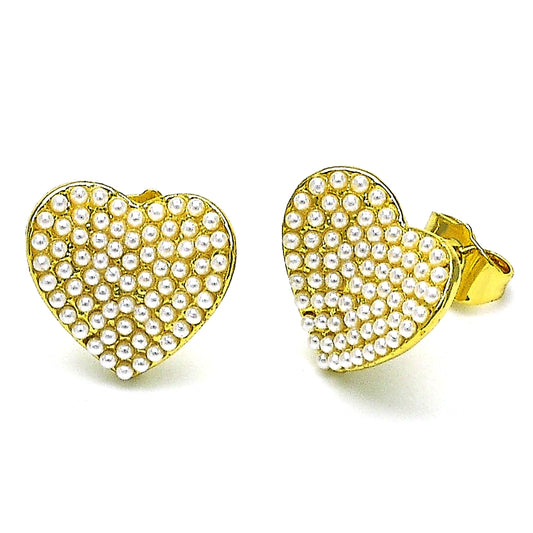 Oro Laminado Stud Earring, Gold Filled Style Heart Design, with Ivory Pearl, Polished, Golden Finish