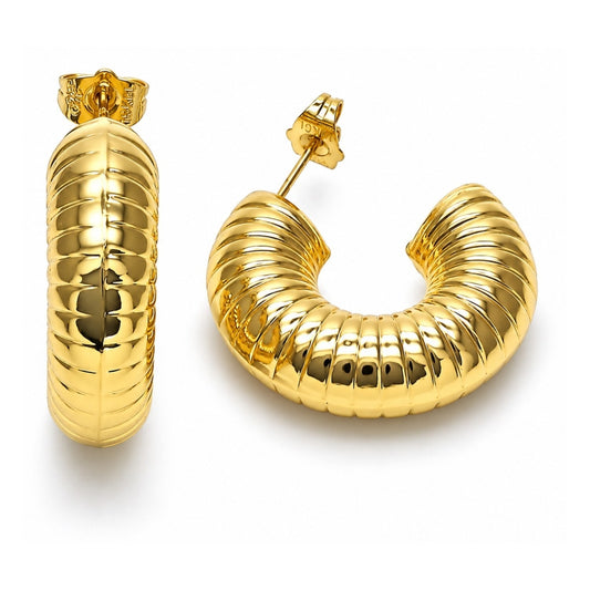 Oro Laminado Stud Earring, Gold Filled Style Hollow Design, Diamond Cutting Finish, Golden Finish
