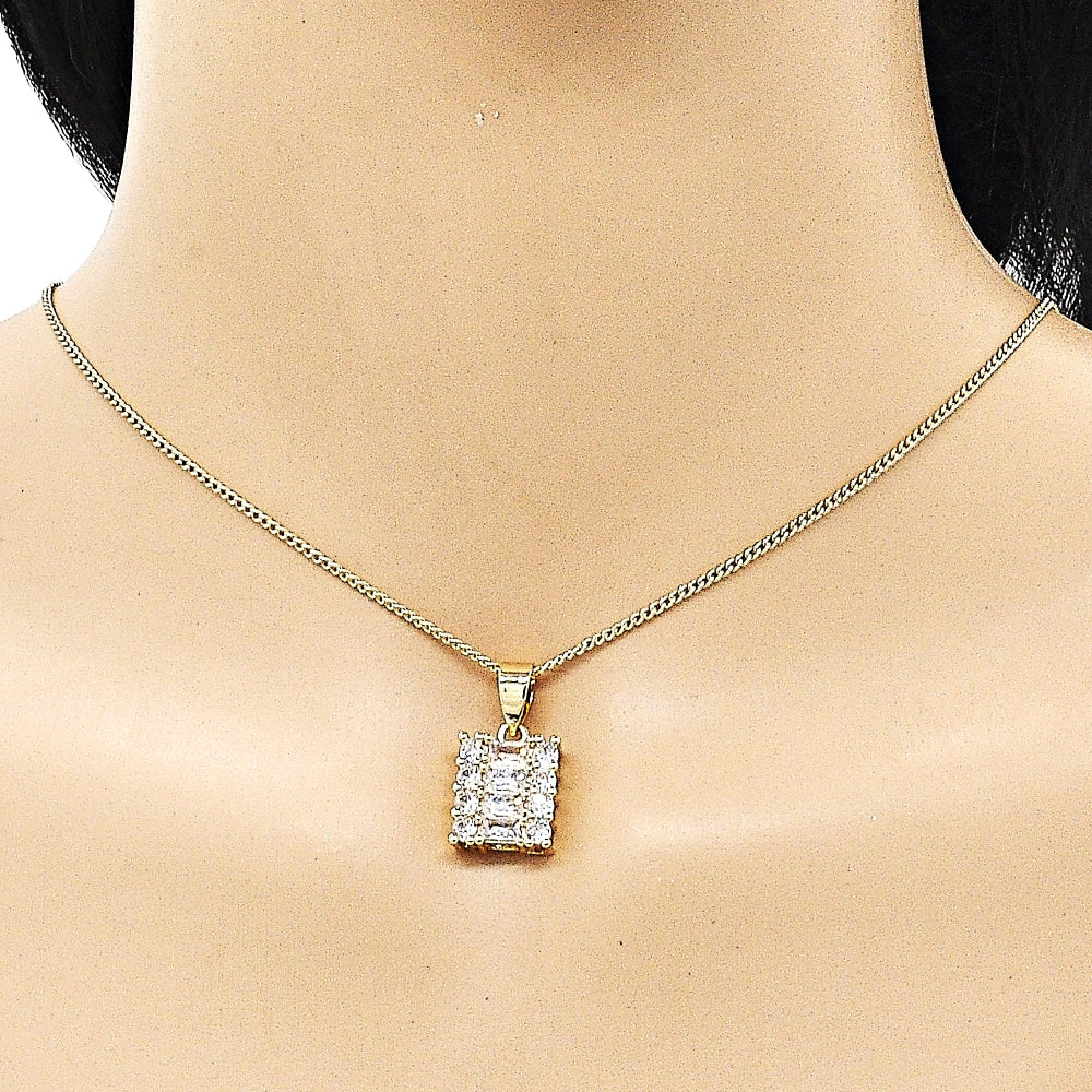Oro Laminado Earring and Pendant Adult Set, Gold Filled Style Baguette and Cluster Design, Polished, Golden Finish
