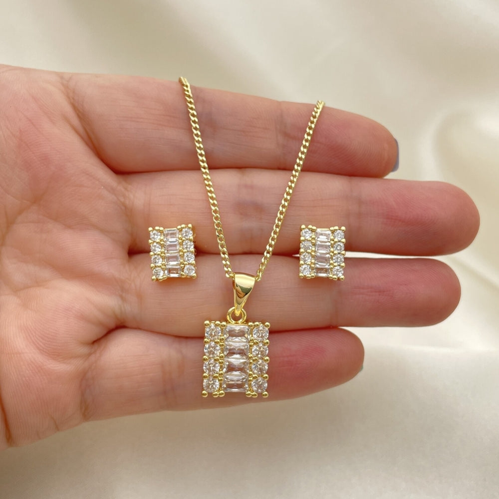 Oro Laminado Earring and Pendant Adult Set, Gold Filled Style Baguette and Cluster Design, Polished, Golden Finish