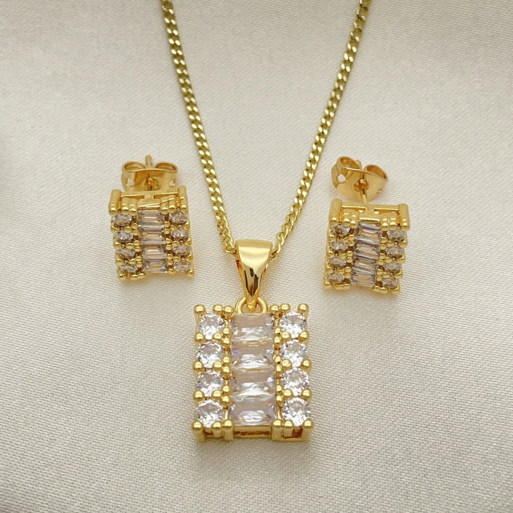Oro Laminado Earring and Pendant Adult Set, Gold Filled Style Baguette and Cluster Design, Polished, Golden Finish