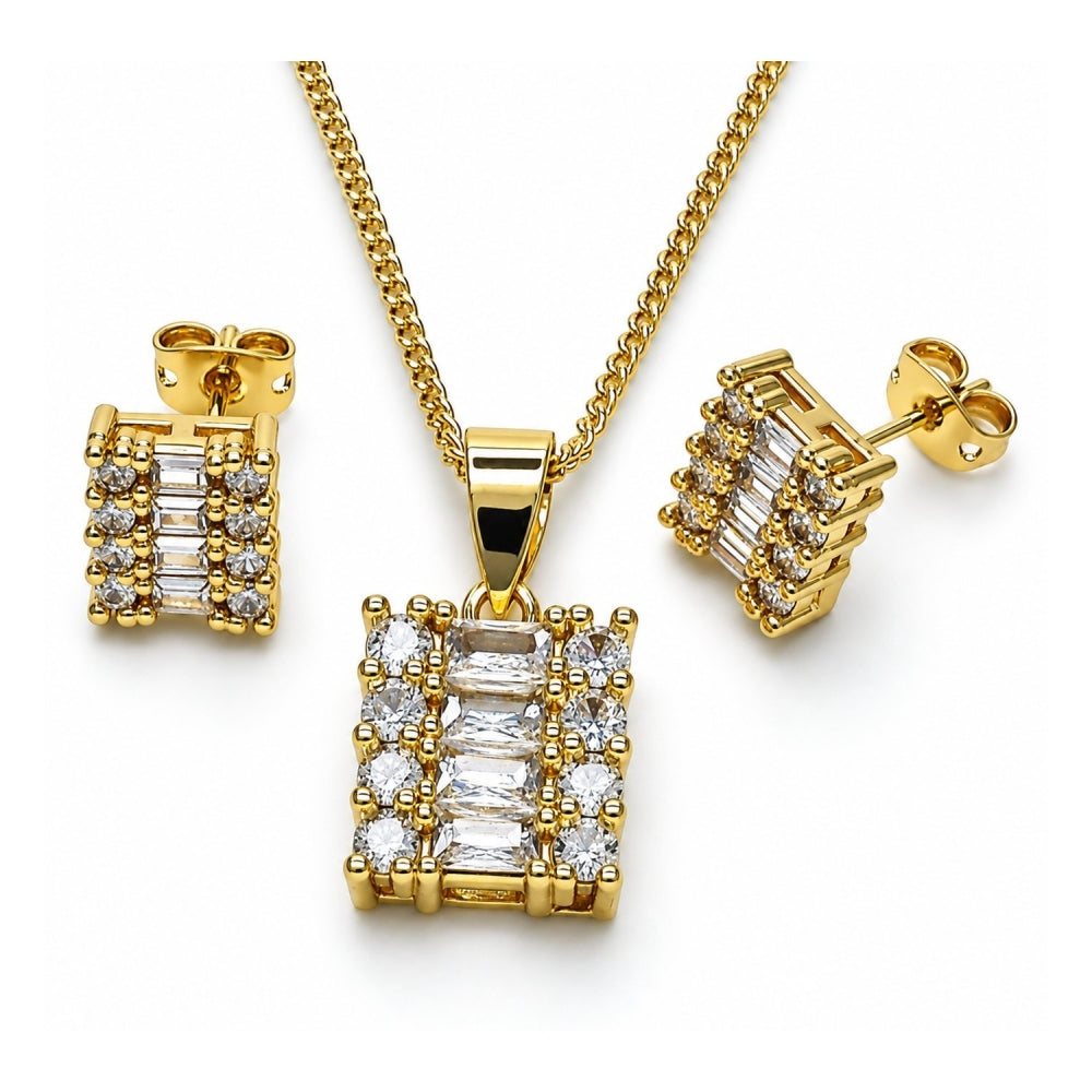 Oro Laminado Earring and Pendant Adult Set, Gold Filled Style Baguette and Cluster Design, Polished, Golden Finish