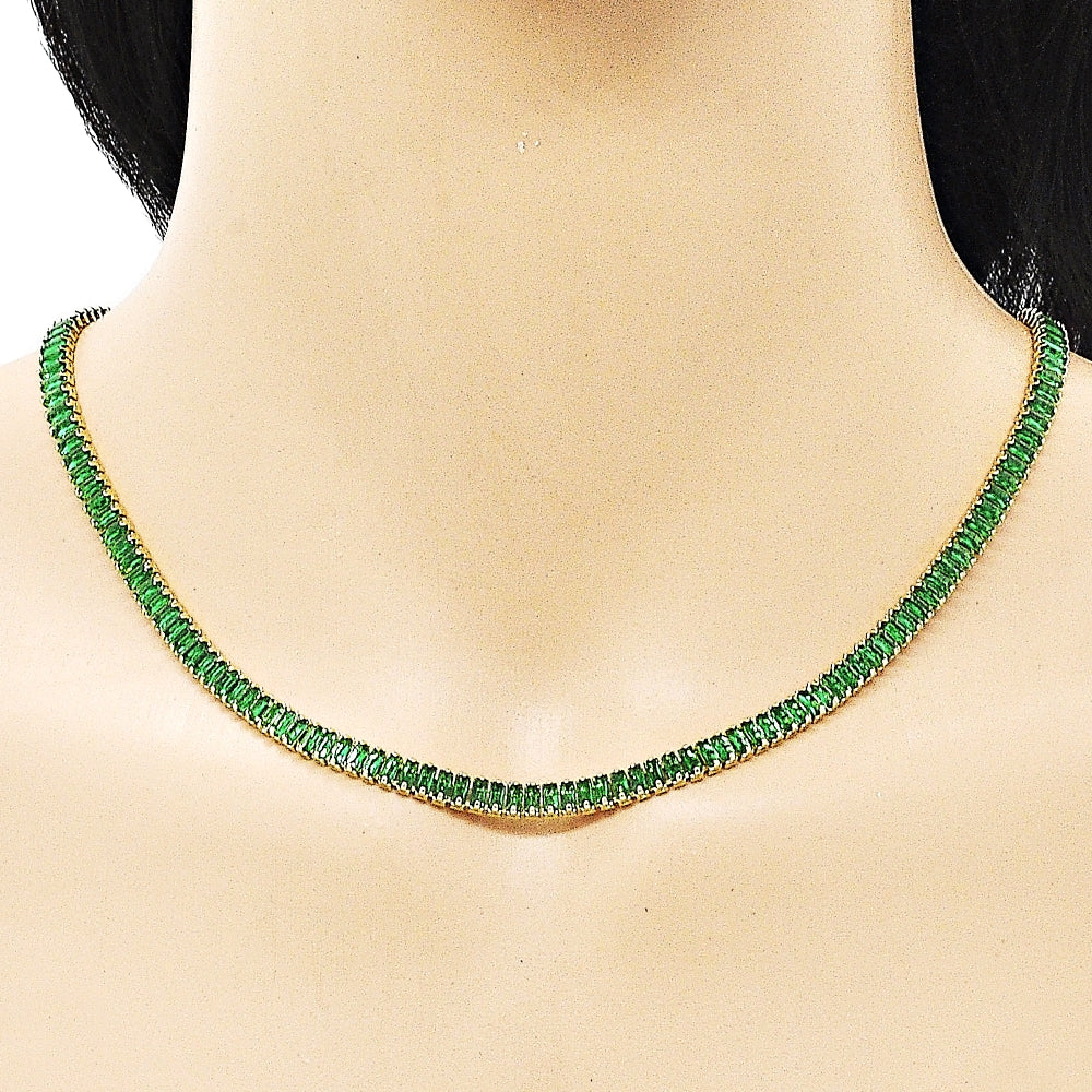 Oro Laminado Fancy Necklace, Gold Filled Style Baguette Design, with Green Cubic Zirconia, Polished, Golden Finish