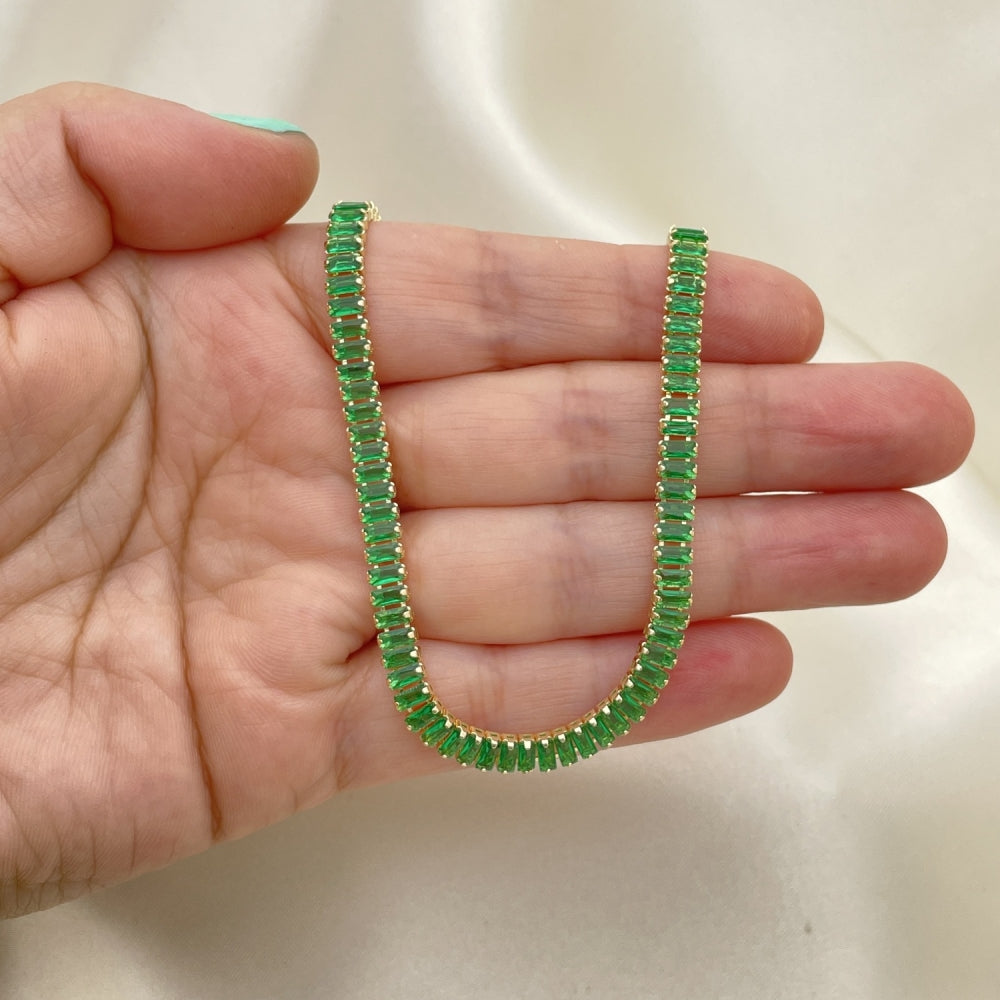 Oro Laminado Fancy Necklace, Gold Filled Style Baguette Design, with Green Cubic Zirconia, Polished, Golden Finish