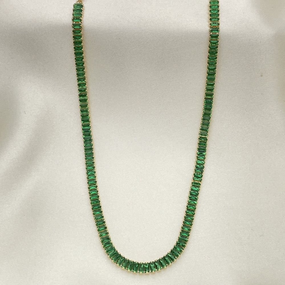 Oro Laminado Fancy Necklace, Gold Filled Style Baguette Design, with Green Cubic Zirconia, Polished, Golden Finish