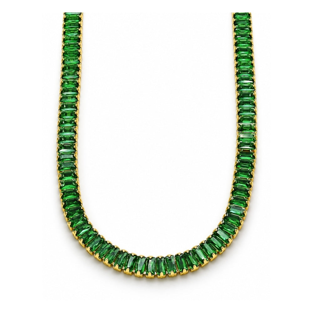 Oro Laminado Fancy Necklace, Gold Filled Style Baguette Design, with Green Cubic Zirconia, Polished, Golden Finish
