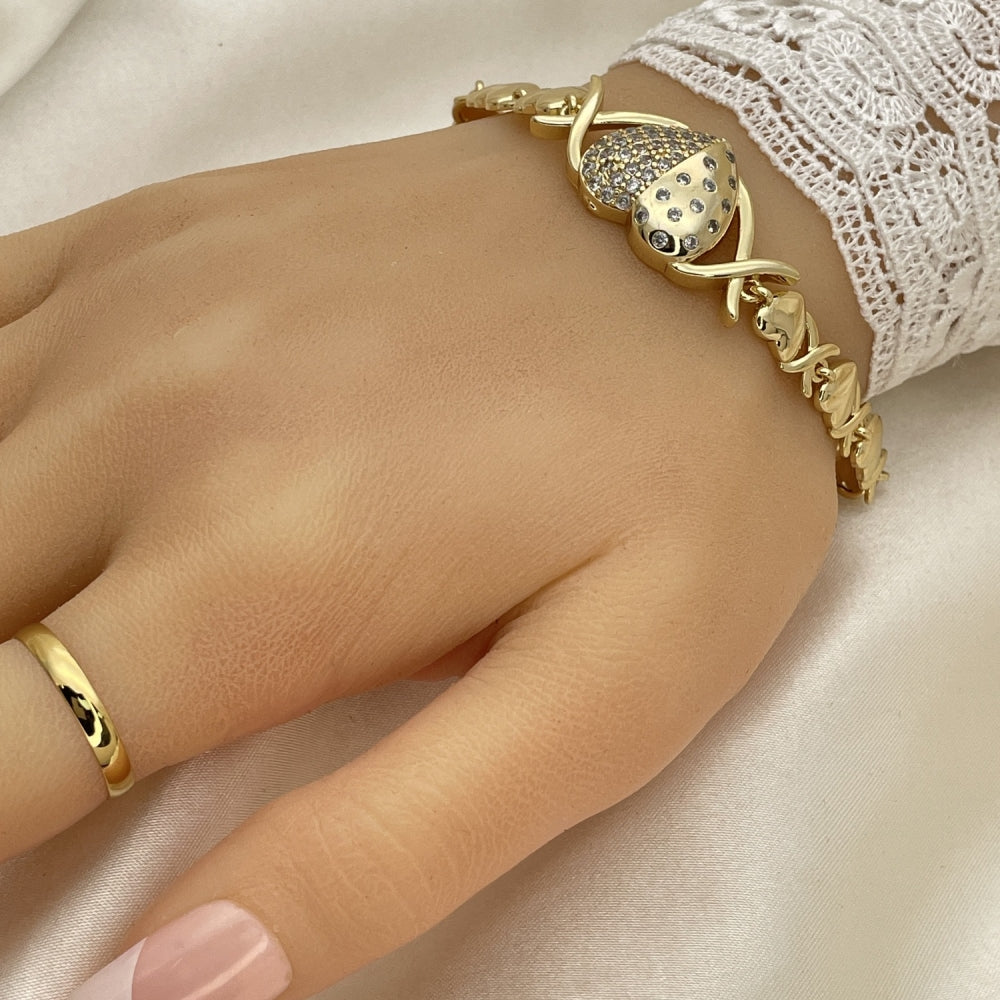 Oro Laminado Fancy Bracelet, Gold Filled Style Hugs and Kisses and Heart Design, with White Micro Pave and White Cubic Zirconia, Polished, Golden Finish