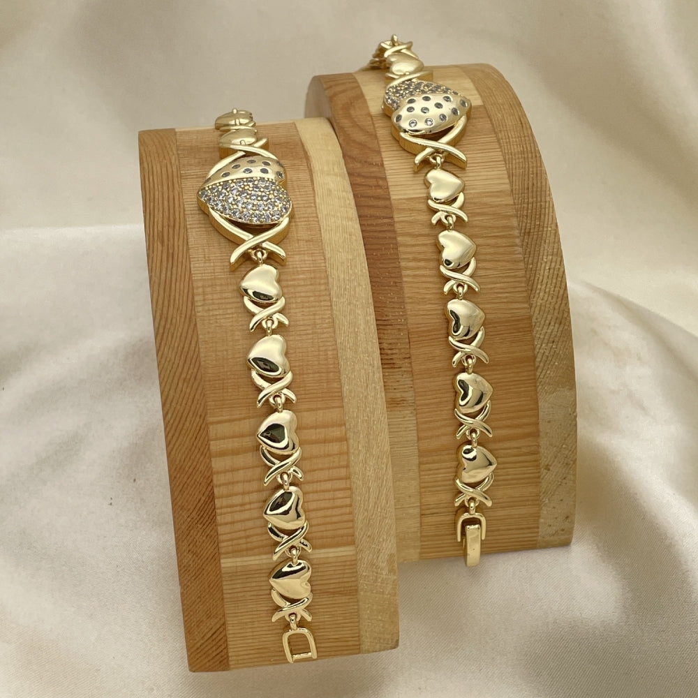 Oro Laminado Fancy Bracelet, Gold Filled Style Hugs and Kisses and Heart Design, with White Micro Pave and White Cubic Zirconia, Polished, Golden Finish