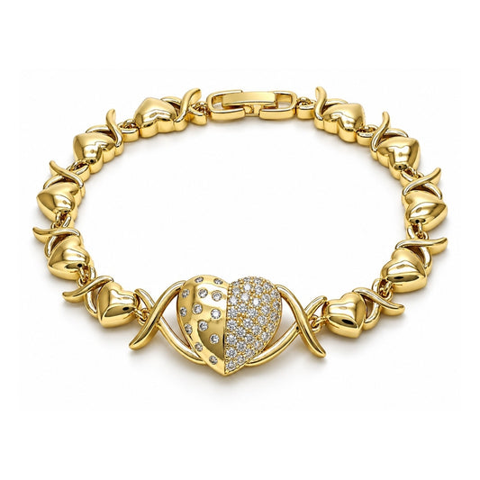 Oro Laminado Fancy Bracelet, Gold Filled Style Hugs and Kisses and Heart Design, with White Micro Pave and White Cubic Zirconia, Polished, Golden Finish