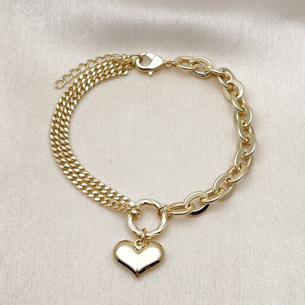 Oro Laminado Fancy Bracelet, Gold Filled Style Heart and Rolo Design, Polished, Golden Finish