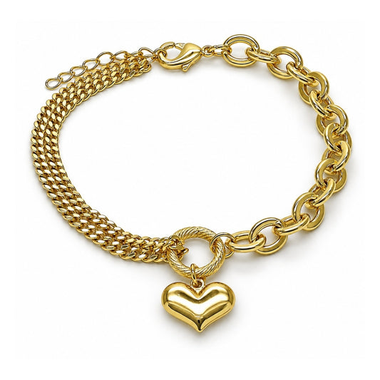 Oro Laminado Fancy Bracelet, Gold Filled Style Heart and Rolo Design, Polished, Golden Finish