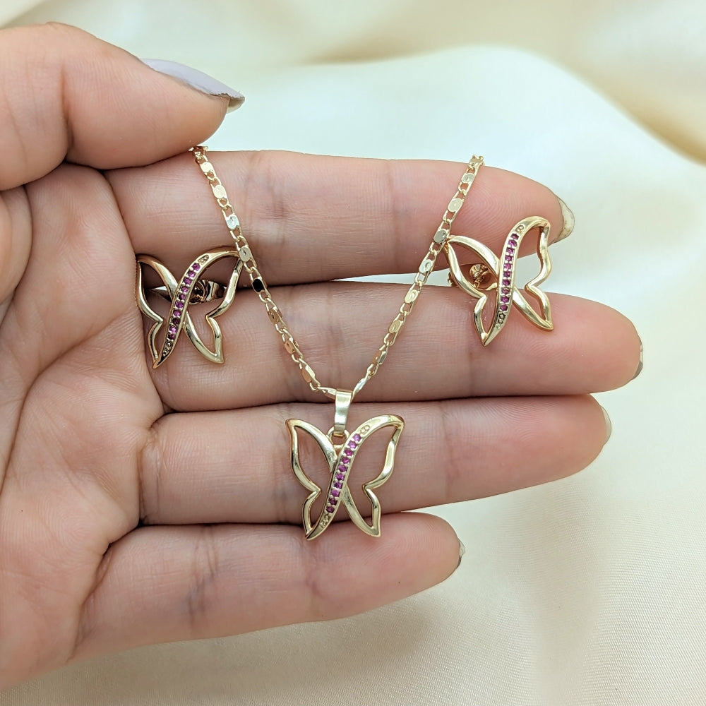 Oro Laminado Earring and Pendant Adult Set, Gold Filled Style Butterfly Design, with Ruby Micro Pave, Polished, Golden Finish