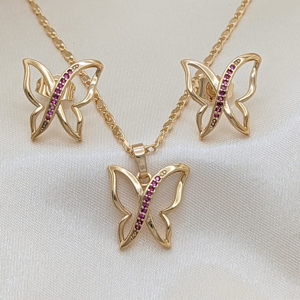 Oro Laminado Earring and Pendant Adult Set, Gold Filled Style Butterfly Design, with Ruby Micro Pave, Polished, Golden Finish
