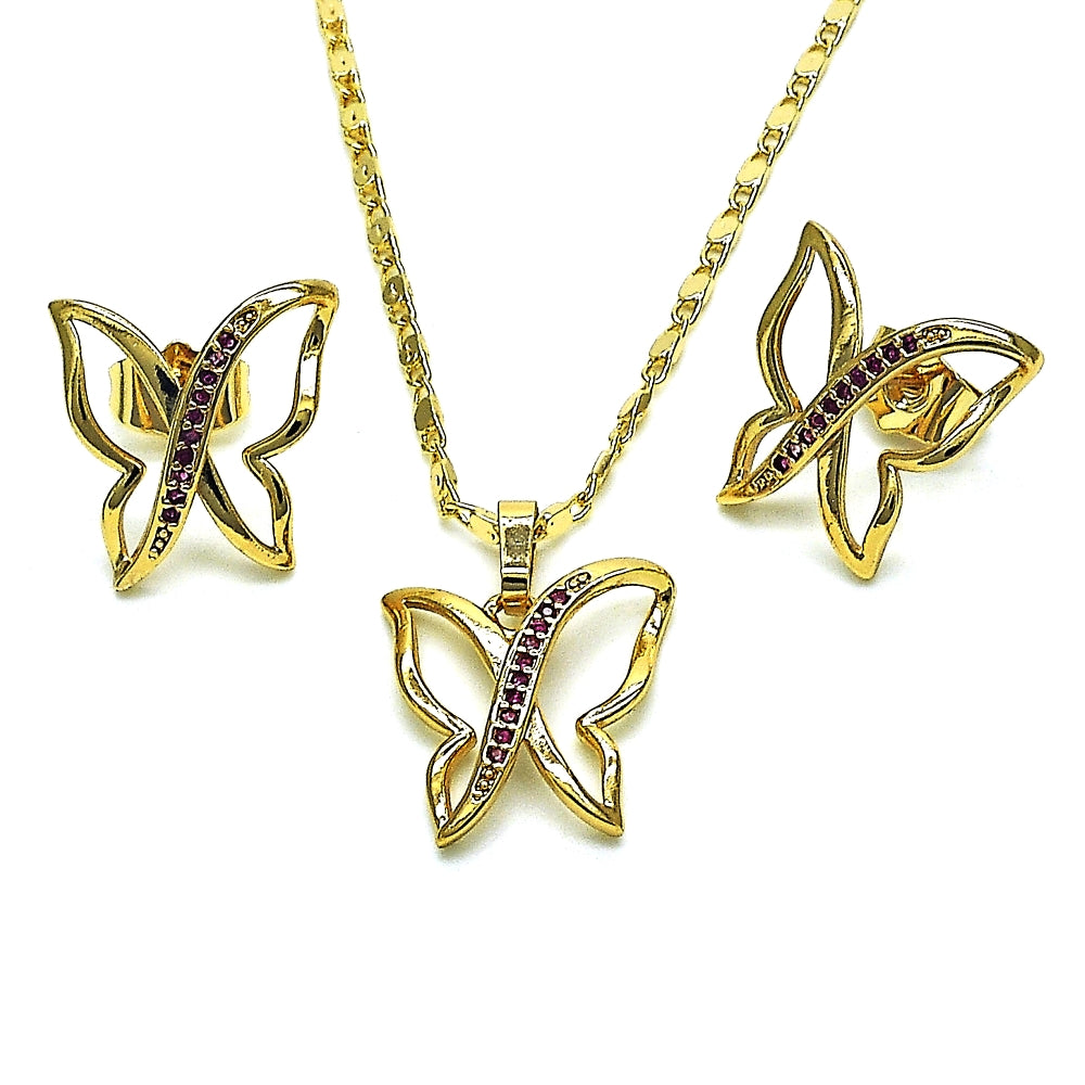 Oro Laminado Earring and Pendant Adult Set, Gold Filled Style Butterfly Design, with Ruby Micro Pave, Polished, Golden Finish