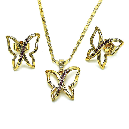 Oro Laminado Earring and Pendant Adult Set, Gold Filled Style Butterfly Design, with Ruby Micro Pave, Polished, Golden Finish