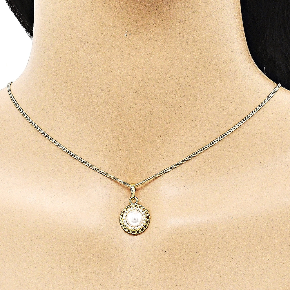 Oro Laminado Earring and Pendant Adult Set, Gold Filled Style Flower Design, with Ivory Pearl, Polished, Golden Finish
