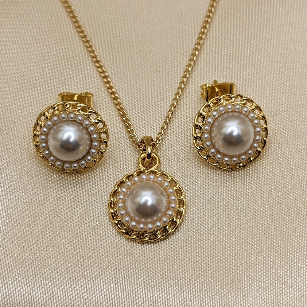 Oro Laminado Earring and Pendant Adult Set, Gold Filled Style Flower Design, with Ivory Pearl, Polished, Golden Finish