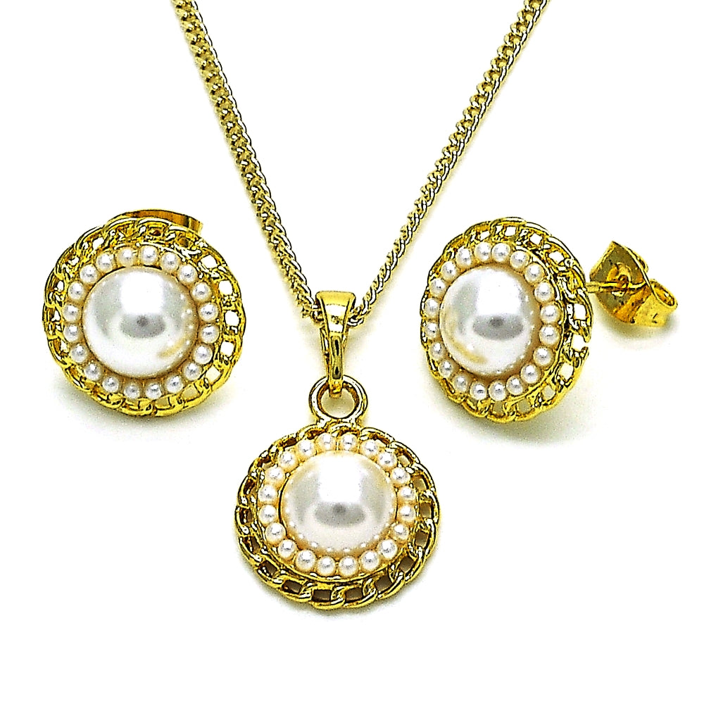 Oro Laminado Earring and Pendant Adult Set, Gold Filled Style Flower Design, with Ivory Pearl, Polished, Golden Finish