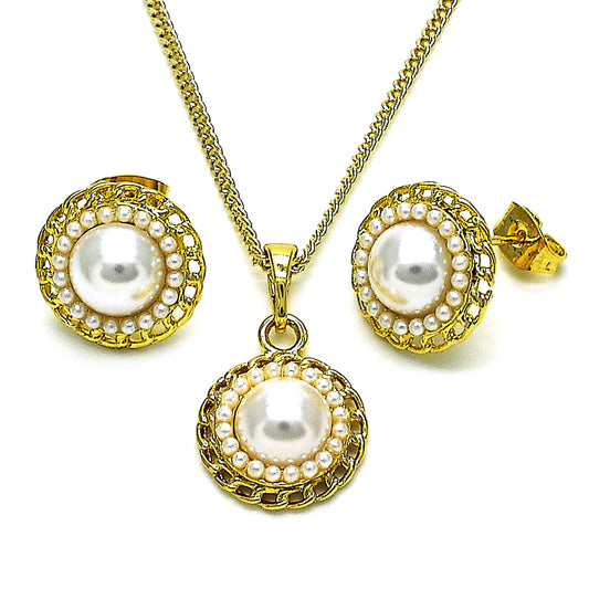 Oro Laminado Earring and Pendant Adult Set, Gold Filled Style Flower Design, with Ivory Pearl, Polished, Golden Finish