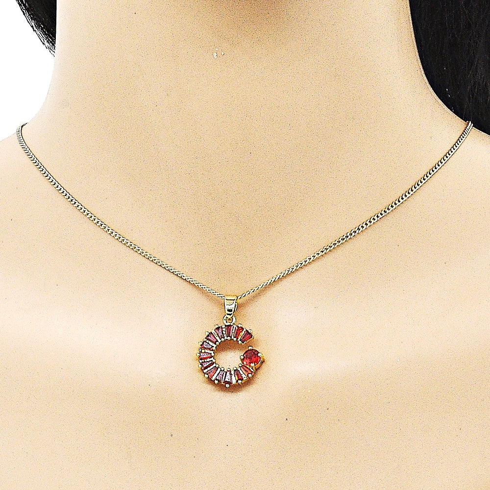 Oro Laminado Earring and Pendant Adult Set, Gold Filled Style Moon and Baguette Design, with Garnet and White Cubic Zirconia, Polished, Golden Finish