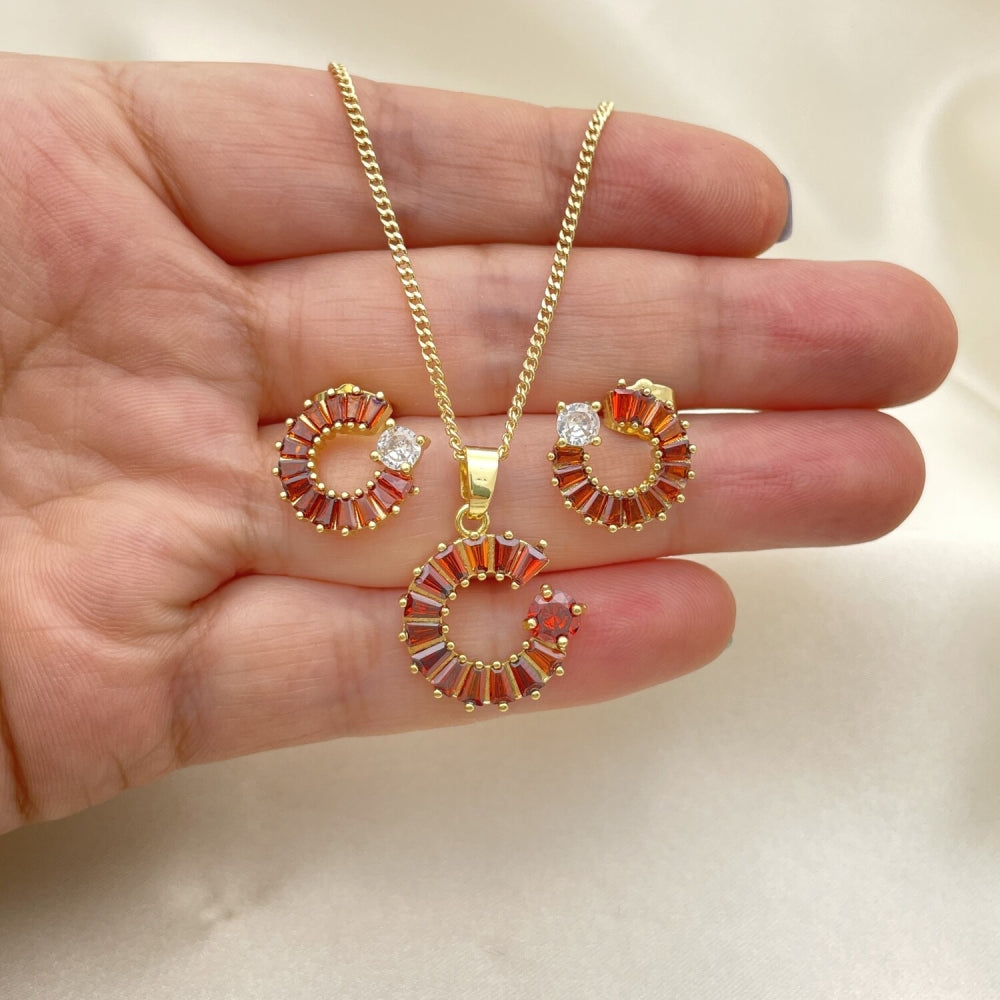 Oro Laminado Earring and Pendant Adult Set, Gold Filled Style Moon and Baguette Design, with Garnet and White Cubic Zirconia, Polished, Golden Finish