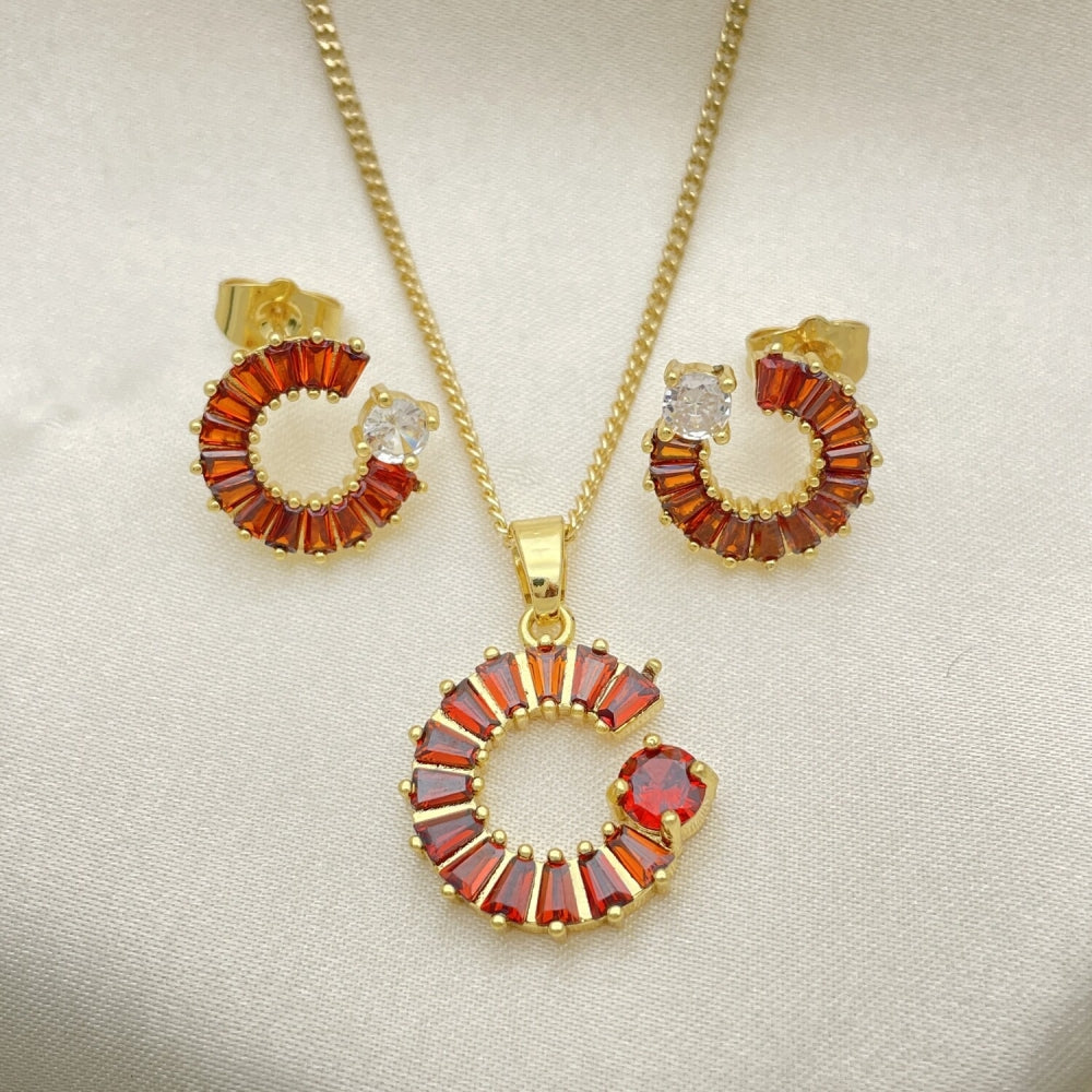 Oro Laminado Earring and Pendant Adult Set, Gold Filled Style Moon and Baguette Design, with Garnet and White Cubic Zirconia, Polished, Golden Finish