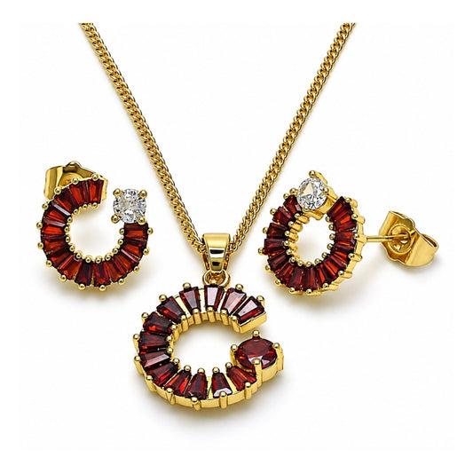Oro Laminado Earring and Pendant Adult Set, Gold Filled Style Moon and Baguette Design, with Garnet and White Cubic Zirconia, Polished, Golden Finish