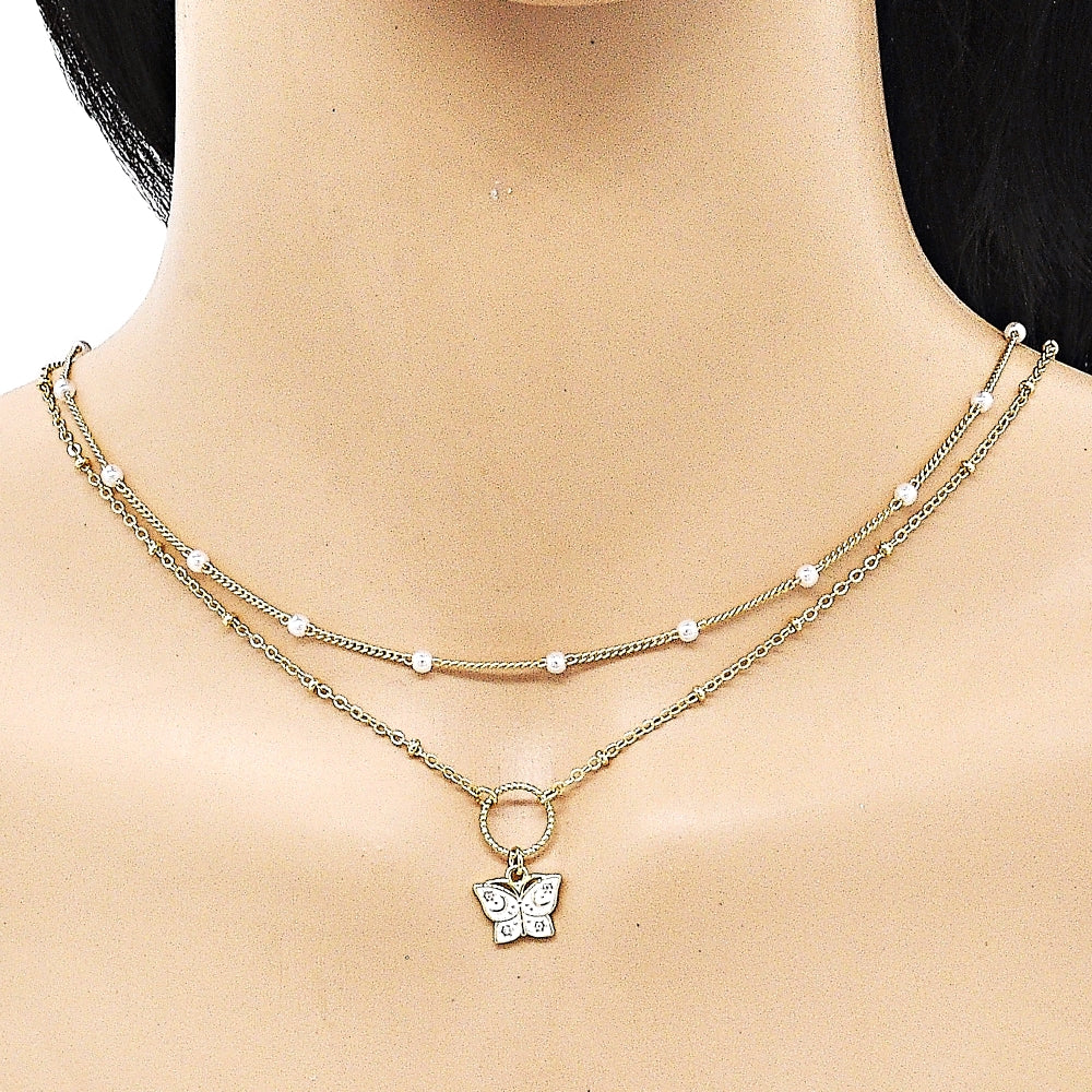 Oro Laminado Fancy Necklace, Gold Filled Style Butterfly and Moon Design, with White Micro Pave and Ivory Pearl, White Enamel Finish, Golden Finish