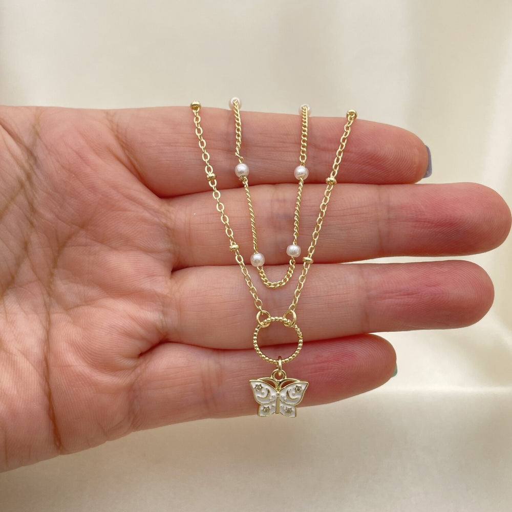 Oro Laminado Fancy Necklace, Gold Filled Style Butterfly and Moon Design, with White Micro Pave and Ivory Pearl, White Enamel Finish, Golden Finish