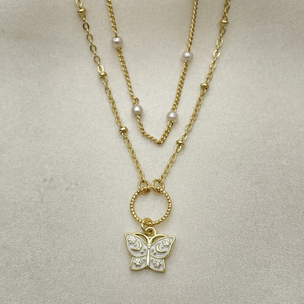 Oro Laminado Fancy Necklace, Gold Filled Style Butterfly and Moon Design, with White Micro Pave and Ivory Pearl, White Enamel Finish, Golden Finish