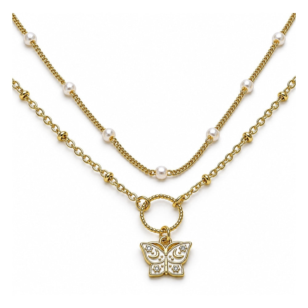 Oro Laminado Fancy Necklace, Gold Filled Style Butterfly and Moon Design, with White Micro Pave and Ivory Pearl, White Enamel Finish, Golden Finish