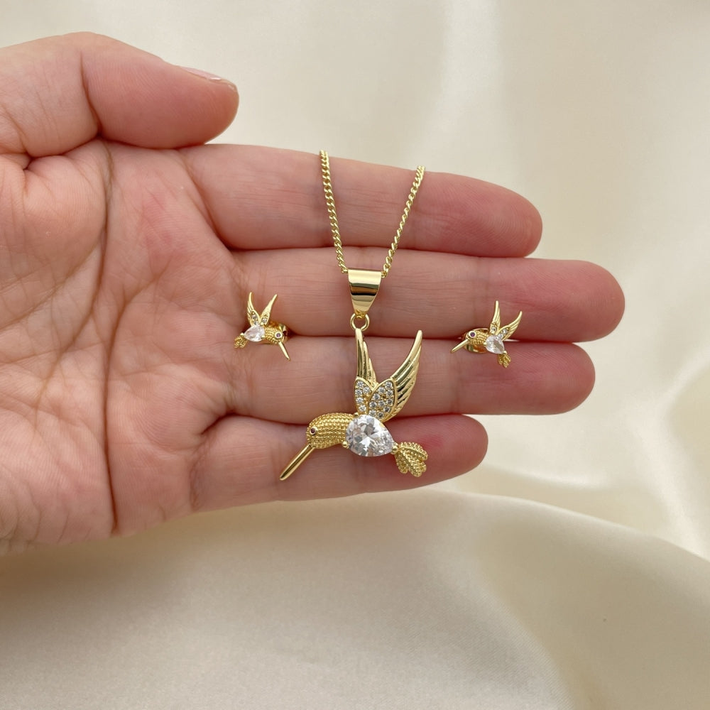 Oro Laminado Earring and Pendant Adult Set, Gold Filled Style Eagle Design, with White Cubic Zirconia and White Micro Pave, Diamond Cutting Finish, Golden Finish