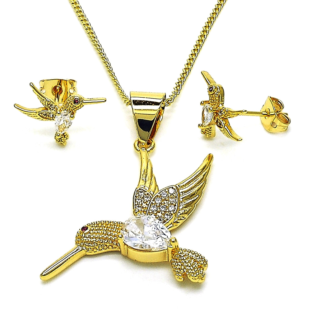 Oro Laminado Earring and Pendant Adult Set, Gold Filled Style Eagle Design, with White Cubic Zirconia and White Micro Pave, Diamond Cutting Finish, Golden Finish