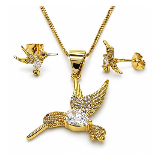 Oro Laminado Earring and Pendant Adult Set, Gold Filled Style Eagle Design, with White Cubic Zirconia and White Micro Pave, Diamond Cutting Finish, Golden Finish