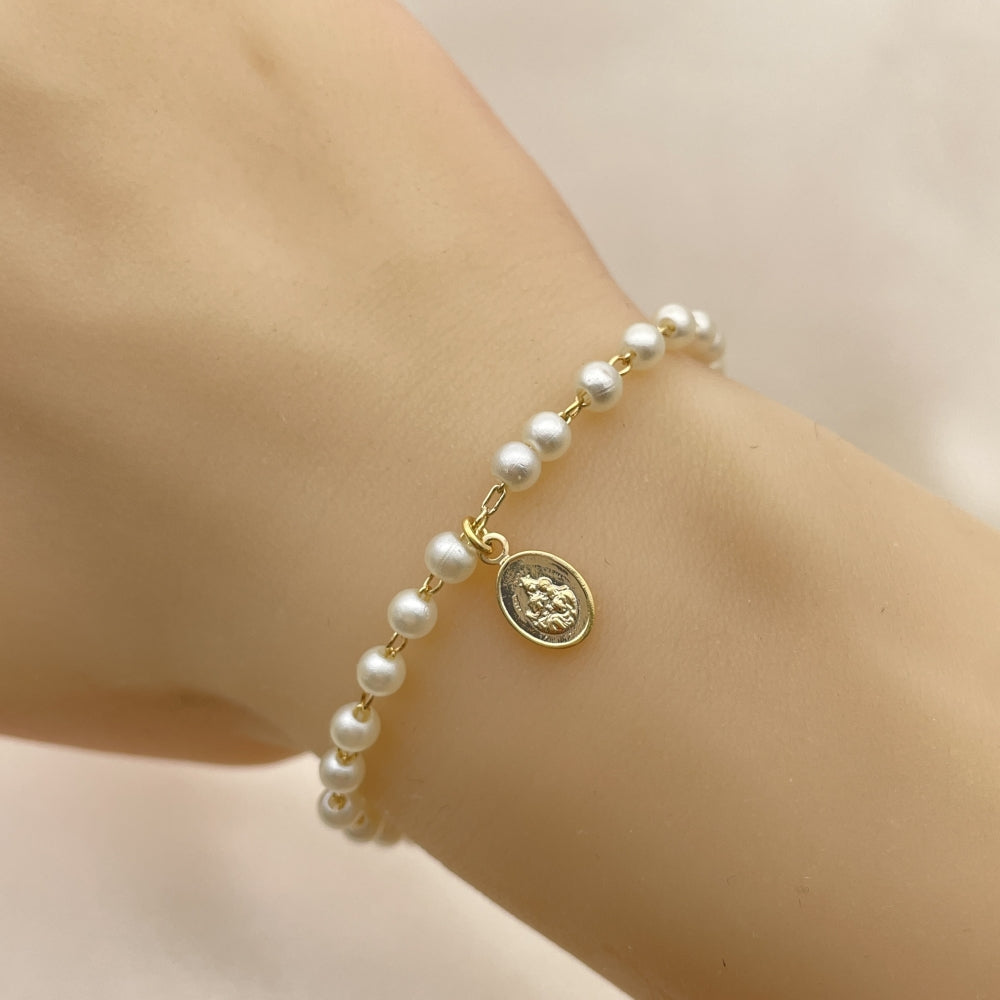 Oro Laminado Fancy Bracelet, Gold Filled Style Judaica and Ball Design, with Ivory Pearl, Polished, Golden Finish