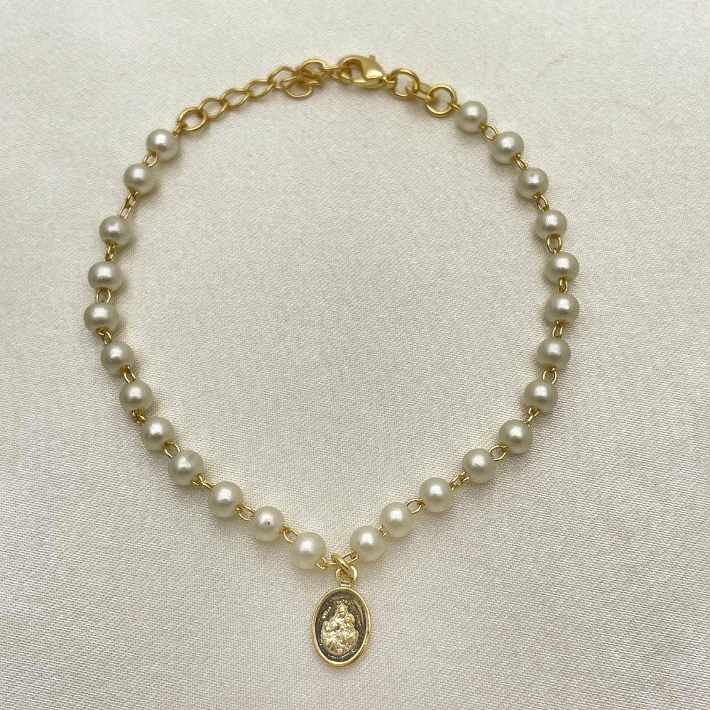Oro Laminado Fancy Bracelet, Gold Filled Style Judaica and Ball Design, with Ivory Pearl, Polished, Golden Finish