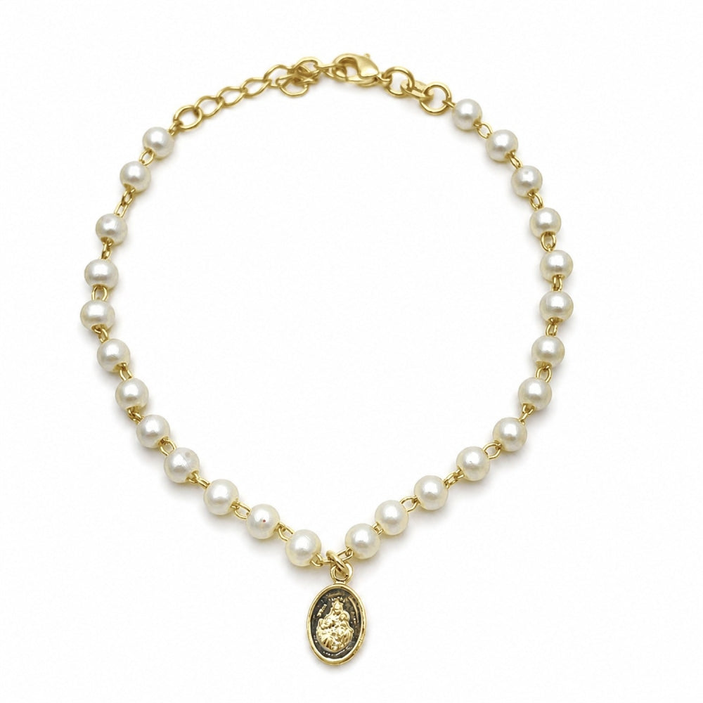 Oro Laminado Fancy Bracelet, Gold Filled Style Judaica and Ball Design, with Ivory Pearl, Polished, Golden Finish
