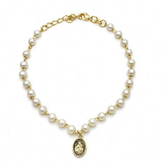Oro Laminado Fancy Bracelet, Gold Filled Style Judaica and Ball Design, with Ivory Pearl, Polished, Golden Finish