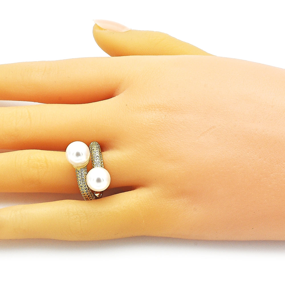 Oro Laminado Multi Stone Ring, Gold Filled Style with White Micro Pave and Ivory Pearl, Polished, Golden Finish