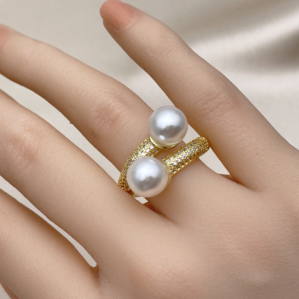 Oro Laminado Multi Stone Ring, Gold Filled Style with White Micro Pave and Ivory Pearl, Polished, Golden Finish