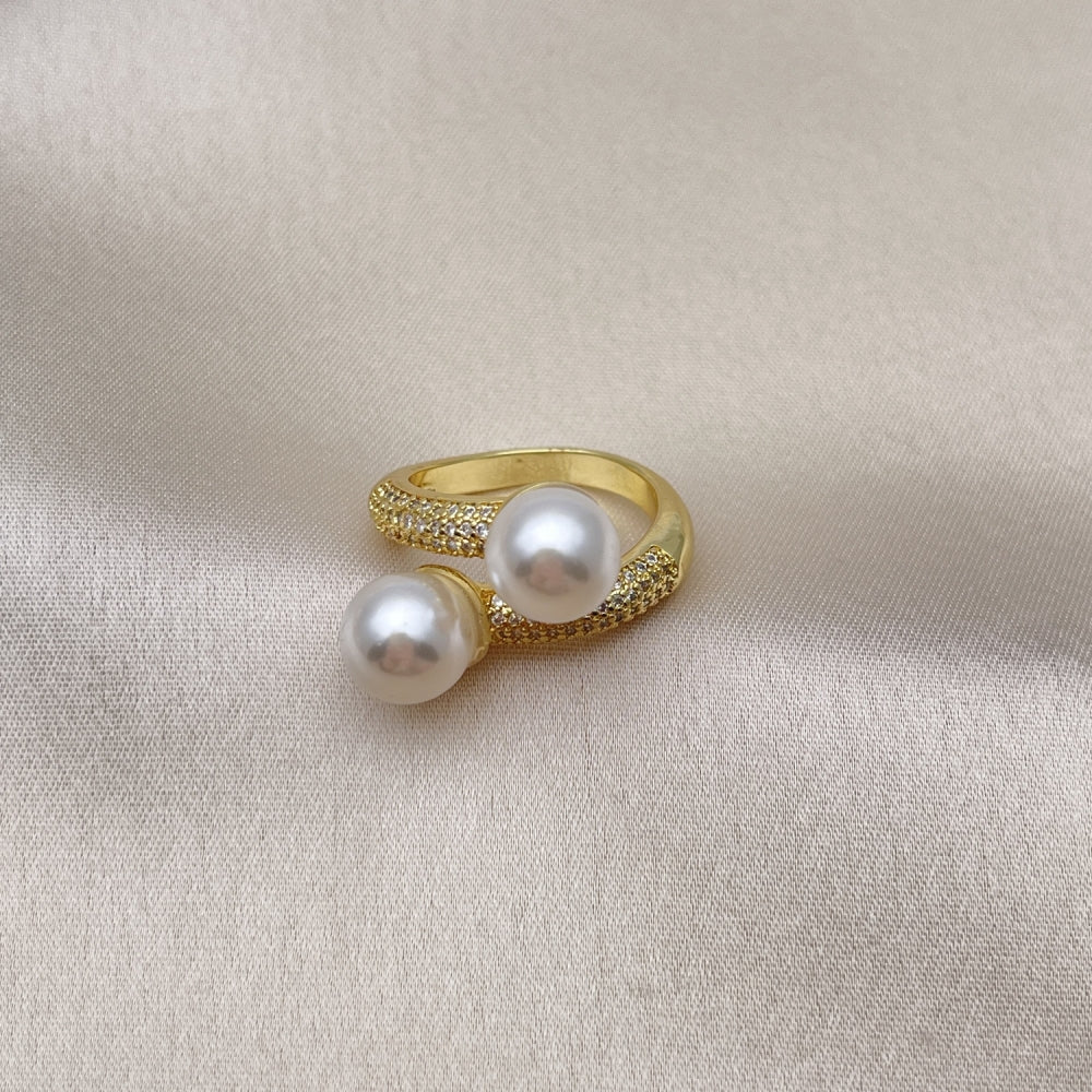 Oro Laminado Multi Stone Ring, Gold Filled Style with White Micro Pave and Ivory Pearl, Polished, Golden Finish